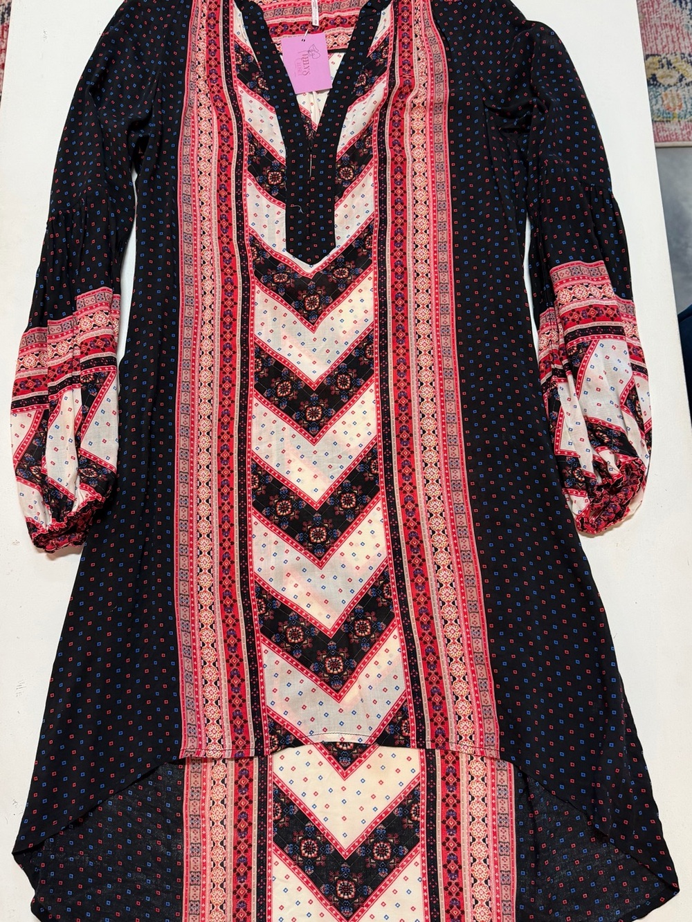 Free People Black Dress with Pink and Cream Geometric Panel